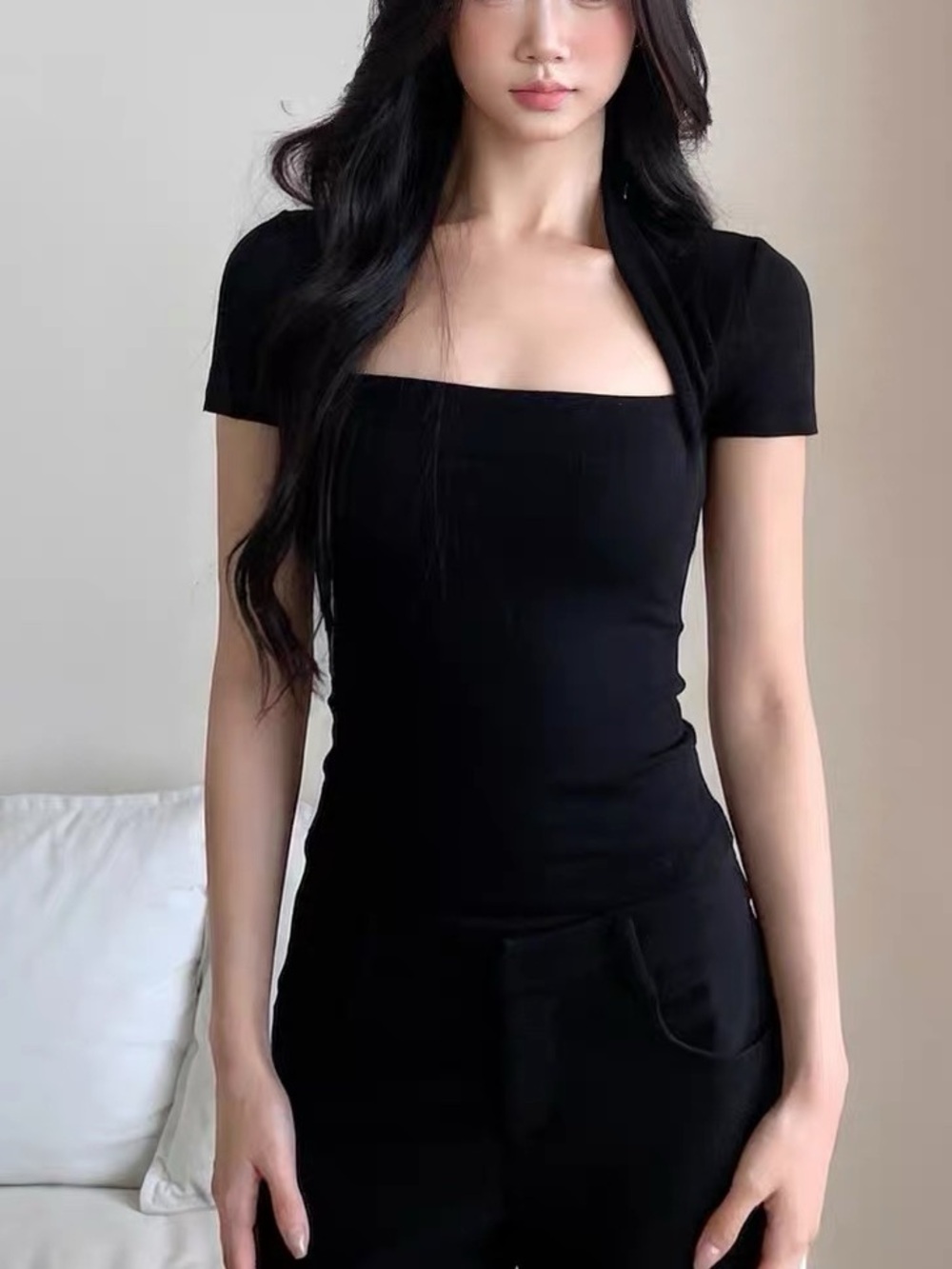 Black Square-Neck Short Sleeve Top